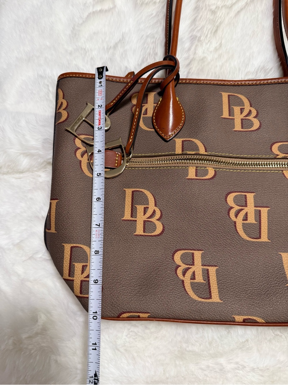 Dooney and Bourke  Monogram Taupe Yellow Tote Bag with Tan Trim - Picture 3 of 10